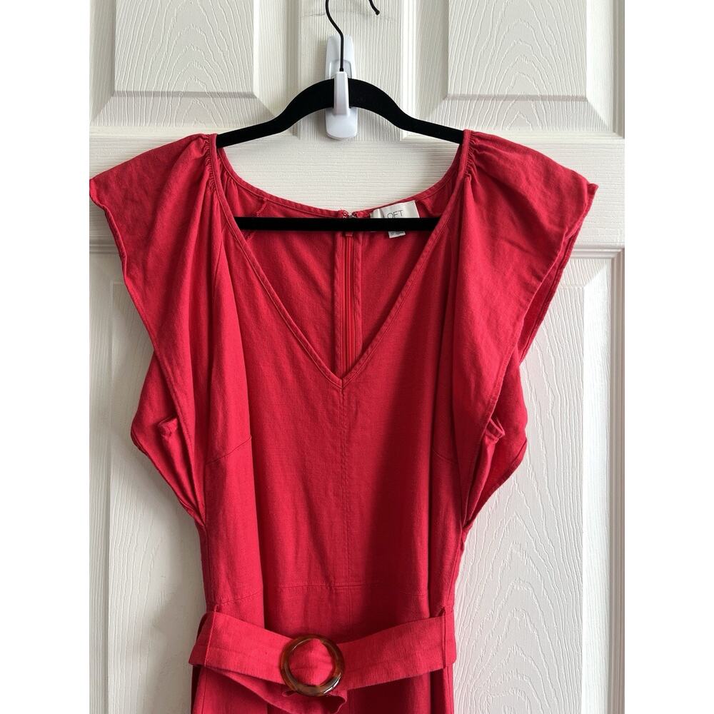 ANN TAYLOR LOFT 2024 Cherry Red Linen Blend Belted Flutter Sleeve Midi Dress 10 - Picture 2 of 14